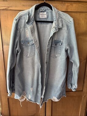 3X Pale Blue Distressed Denim Shacket